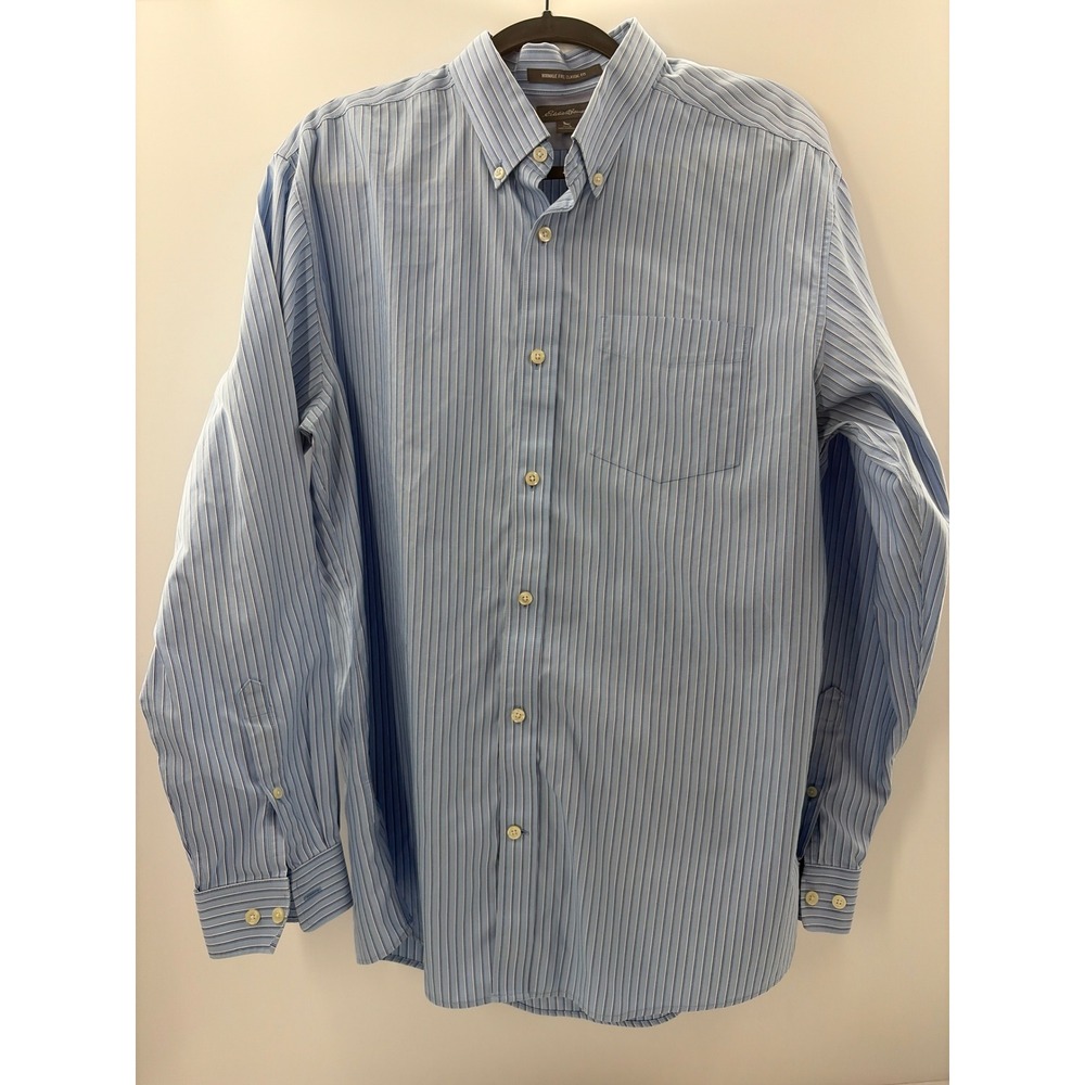 Eddie Bauer Mens Large Blue Striped Wrinkle Free Classic Fit Button Down Shirt